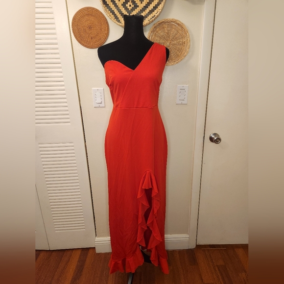 One Shoulder Red Cascading Maxi Dress With Ruffles - Picture 5 of 11